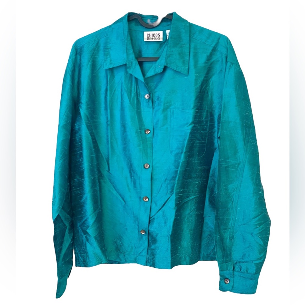 Chico's Design 💯% silk shantung turquoise Long Sleeve blouse